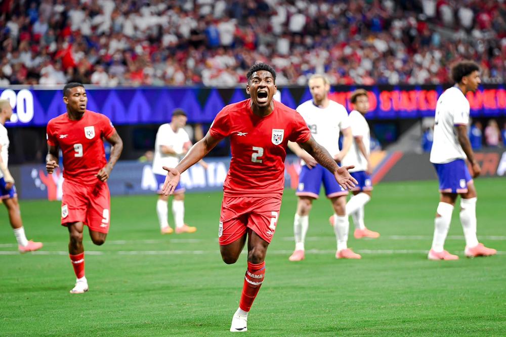 Panama's César Blackman celebrates as the team defeats the USA during a Copa America match at Atlanta's Mercedes-Benz Stadium on June 27, 2024.