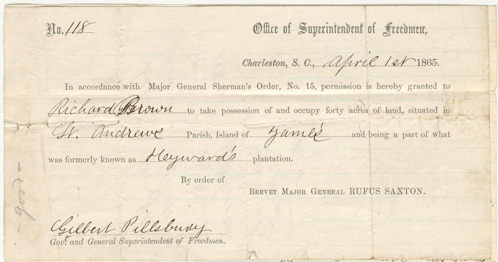 Shown is an example of the U.S. government's Special Order No. 15, which in 1865 granted formerly enslaved Black Americans 40 acres of land after emancipation. 