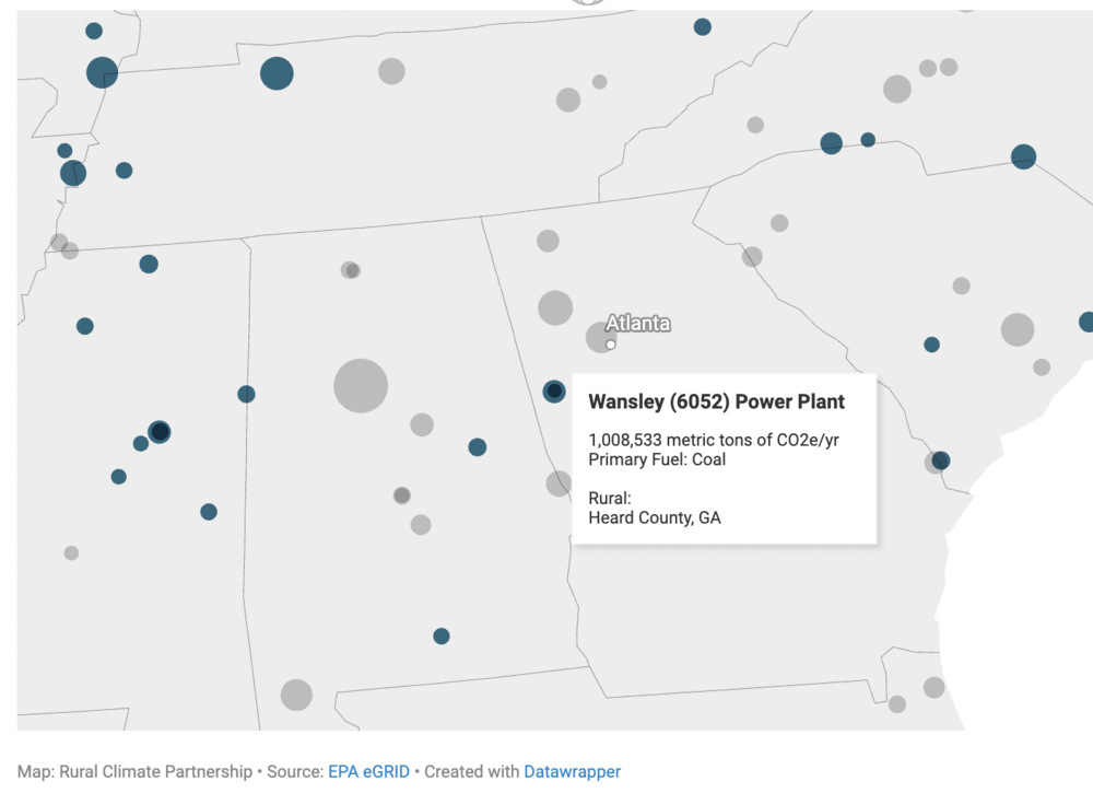 At least 47% of the emissions from carbon-intensive energy production are generated in rural America. The interactive map shows Georgia's rural power plant, Wansley Power Plant, included in the plants with +1 million metric tons of annual carbon dioxide equivalent (CO2e) emissions.