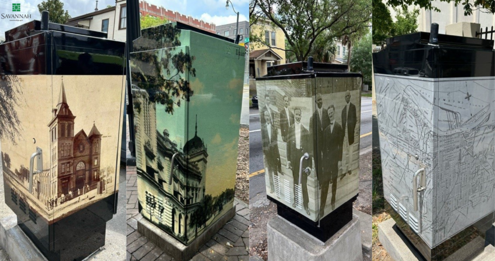 From left to right, traffic cabinet wraps display Duffy Street Baptist Church, Union Station, Carnegie Library board members circa 1914, and a 1910 map of Savannah.
