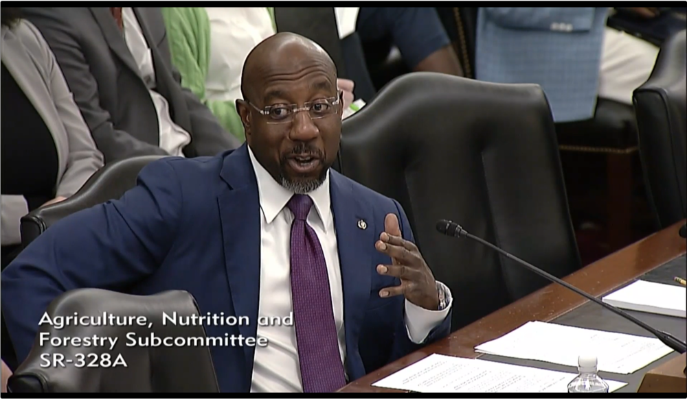 Sen. Raphael Warnock previews legislation that helps beginning farmers at a Senate Agriculture Commodities, Risk Management and Trade subcommittee. (Screenshot)