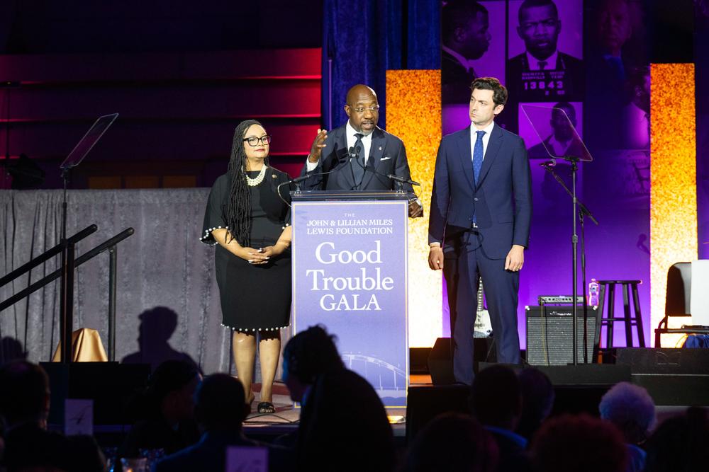 Sens. Raphael Warnock (center), Jon Ossoff (right), and Congresswoman Nikema Williams (left) at the 3rd Good Trouble Gala on June 3, 2024, in honor of the late lives of Congressman John Lewis and his wife, Lillian Miles Lewis. (Senator Reverend Raphael Warnock/Twitter)