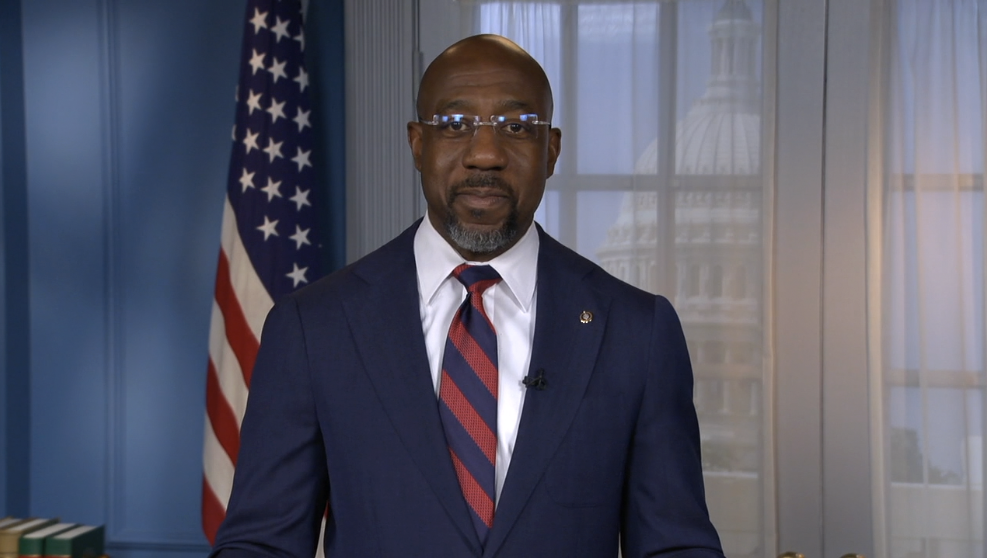 Sen. Raphael Warnock, in a video, introduced his legislation on June 18 to improve the workforce by bridging the gap between community and technical colleges and the local job industry. (Screenshot)