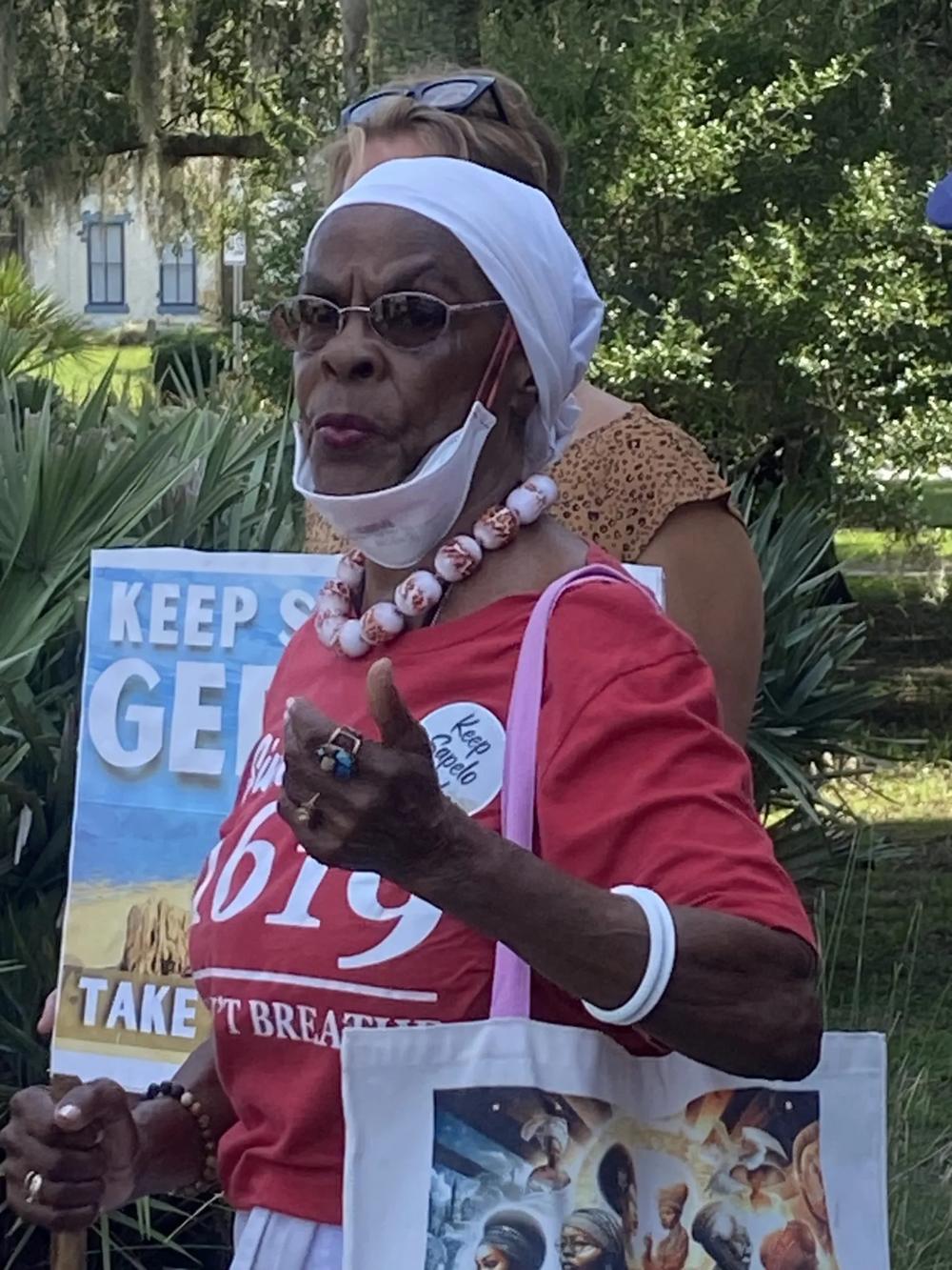 Alberta Mabry speaks to a press conference marking the submission of a petition to repeal the new zoning ordinance affecting Hogg Hummock on Sapelo Island. July 9, 2024 McIntosh County Courthouse Credit: Susan Catron/The Current GA