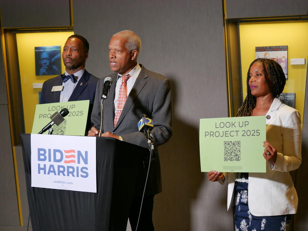  Congressman Hank Johnson (center) and state lawmakers Derrick Jackson and Sonya Halpern held a press conference Wednesday to condemn Project 2025, which is the conservative Heritage Foundation’s controversial presidential transition plan. Jill Nolin/Georgia Recorder