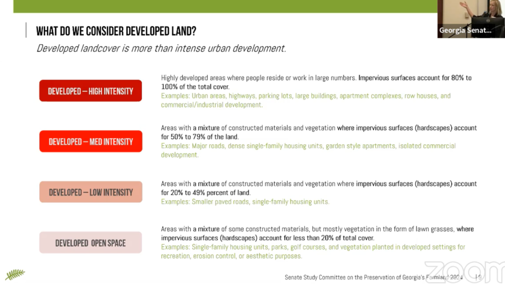 Georgia Conservancy presentation slide on the subcategories of developed land. (Screenshot)