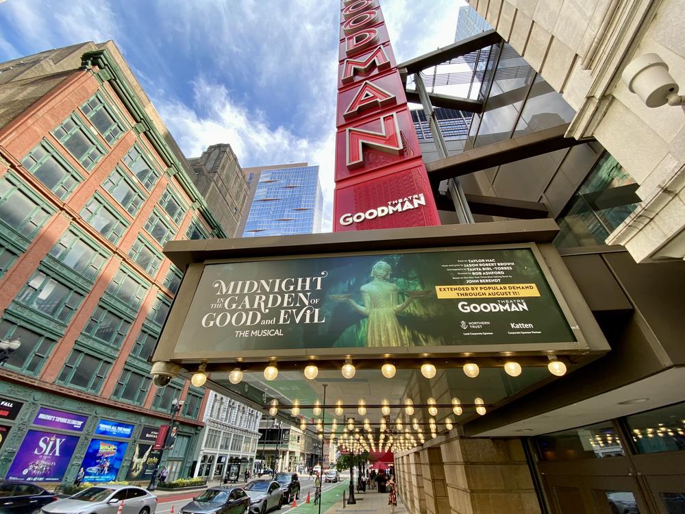 The marquee of the Goodman Theatre in downtown Chicago, where “Midnight in the Garden of Good and Evil” is running through Aug. 11.