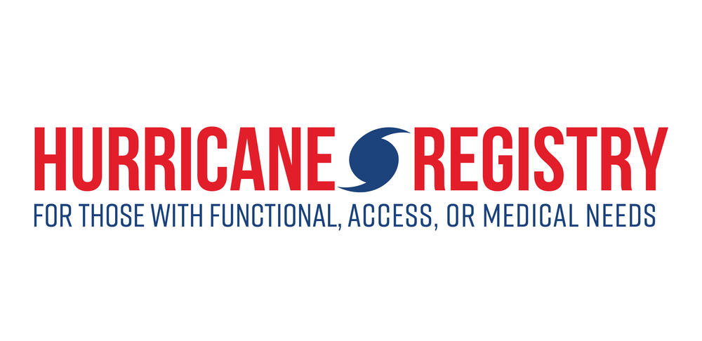 Graphic text reading "hurricane registry" on the top line and "for those with functional, access, or medical needs" on the bottom line. A hurricane symbol is between the words "hurricane" and "registry."
