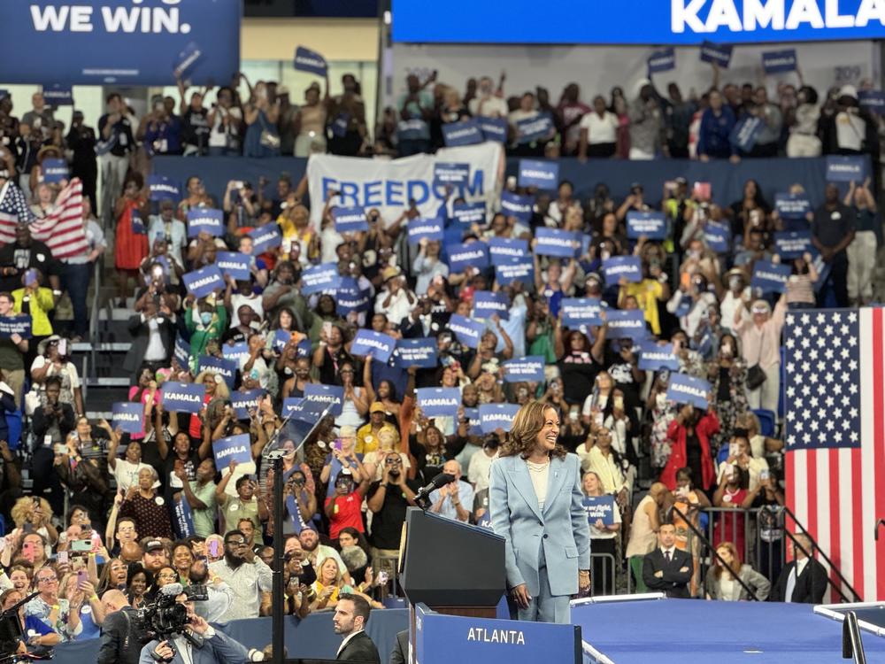 Vice President Kamala Harris greets an enthusiastic crowd for her first Georgia campaign rally since becoming the presumptive Democratic nominee in the 2024 U.S. presidential race.