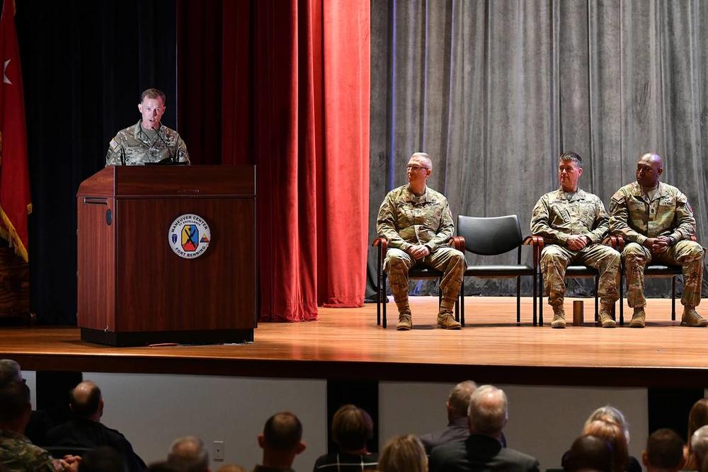 Maj. Gen. Curtis A. Buzzard, far left, took command of the U.S. Army Maneuver Center of Excellence and Fort Benning from Maj. Gen. Patrick J. Donahoe during a change of command ceremony at Fort Benning Thursday morning. 07/14/2022 Darrell Roaden Special to the Ledger-Enquirer