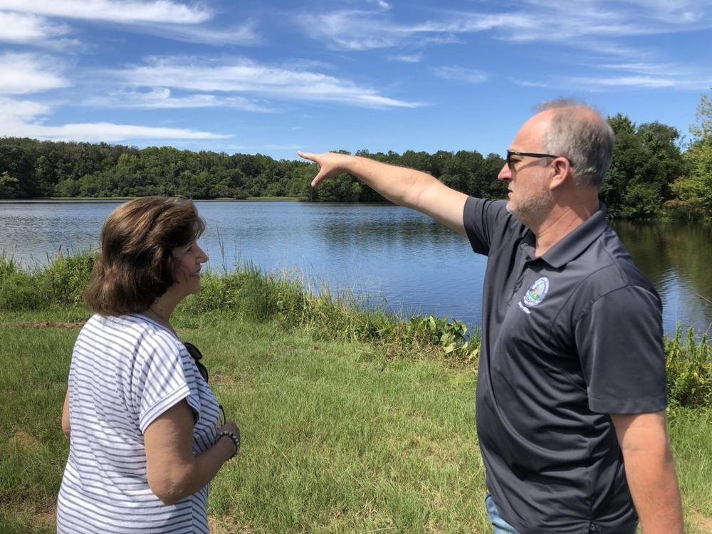 During a 2022 tour of Lake Tobesofkee’s Duck Ponds, Macon-Bibb County Mayor Lester Miller pointed to the lake’s big water adjacent to the old fish hatcheries that he called a “valuable asset” and “untapped resource.” (Liz Fabian)