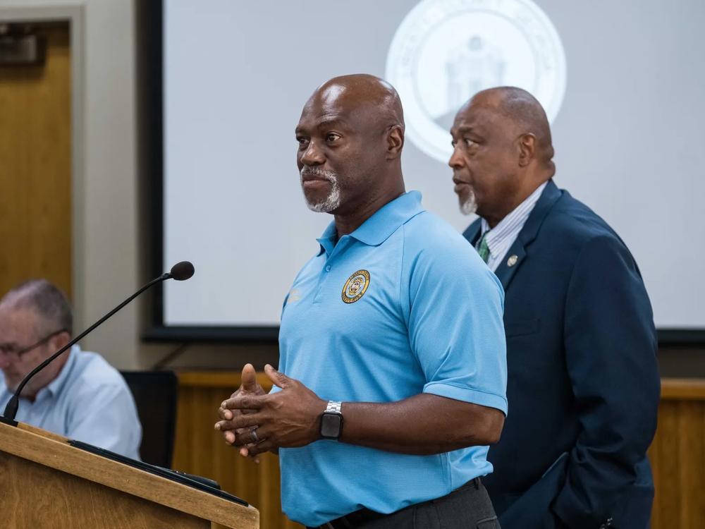 Liberty County Sheriff William Bowman (left), and Chief Deputy Al Hagan (right), present LCSO’s FY2025 budget request to the Board of Commissioners, July 20, 2023, Hinesville, GA. Credit: Robin Kemp/The Current GA