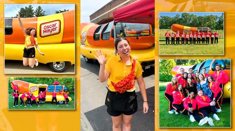 It’s 27 feet long and 11 feet high, ​and when she finishes her yearlong journey, Columbus native Sarah Oney will have driven with her copilot one of the six famous Oscar Mayer Wienermobiles around 20,000 miles to more than 200 events across the midwestern United States. Courtesy of Sarah Oney