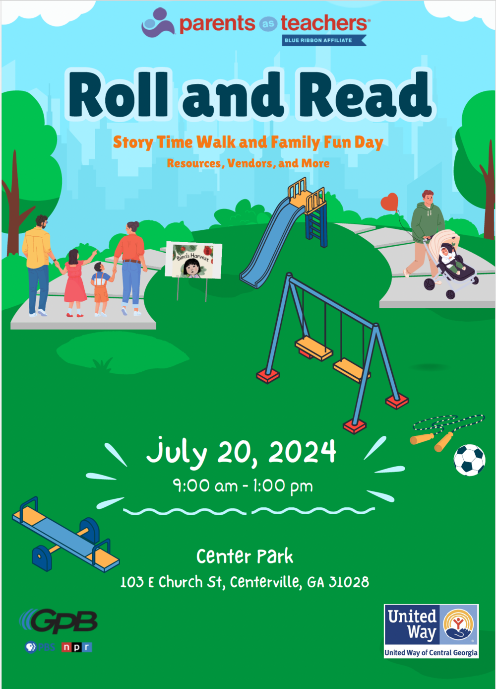 Parents as Teachers will host a Roll and Read event at Center Park in Centerville, GA, on July 20th.