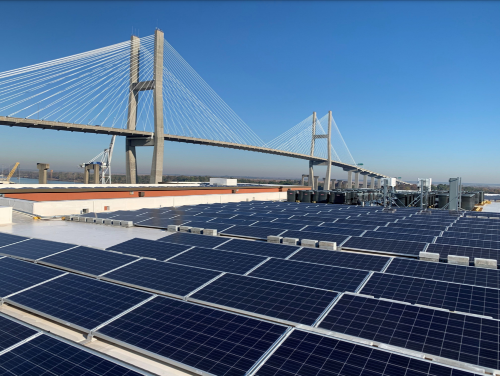 A solar panel array near the Talmadge Memorial Bridge in downtown Savannah.