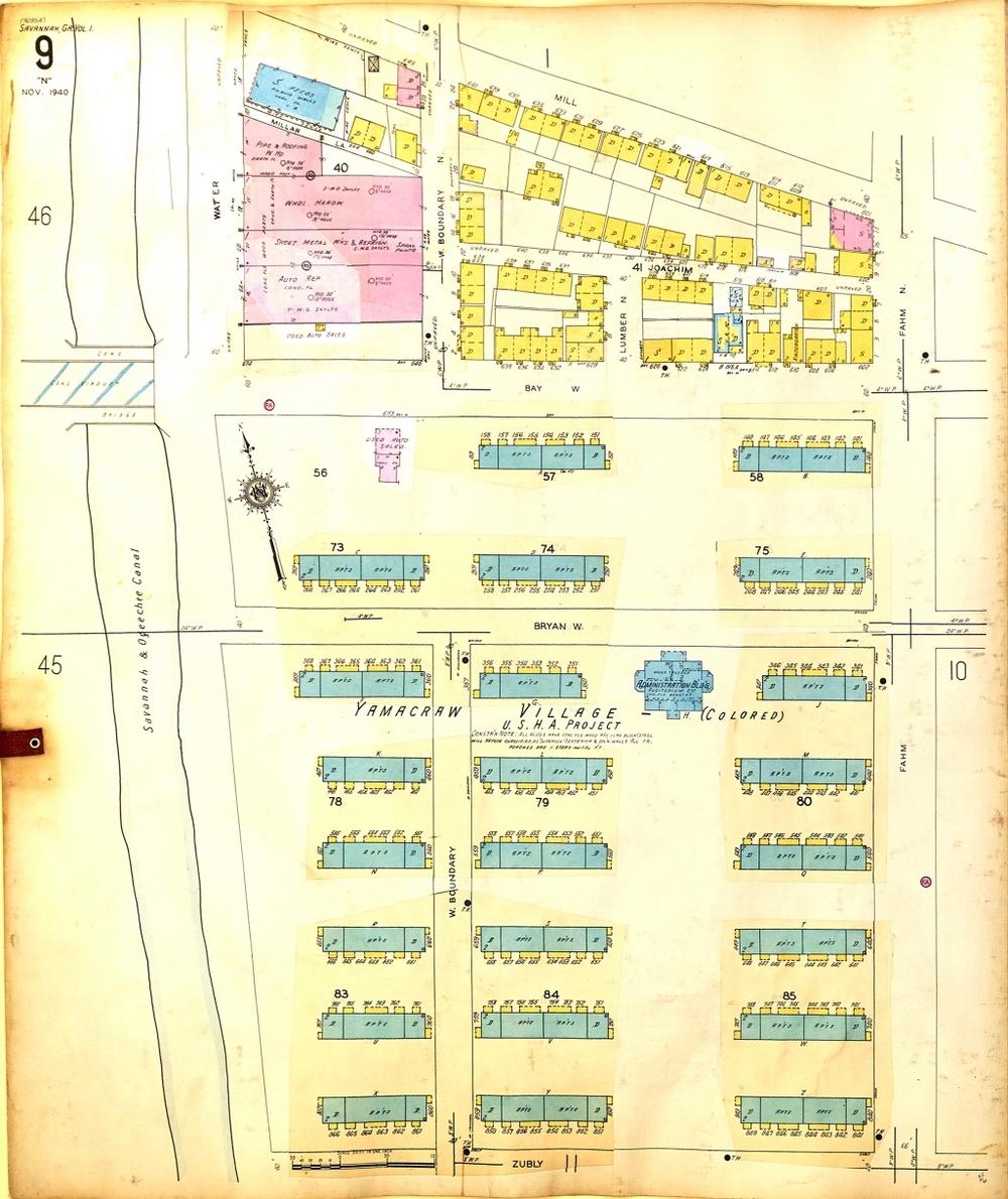 A map in 1953 shows the sprawling Yamacraw units, remodeled to be concrete. Credit: Sanborn Fire Insurance Maps