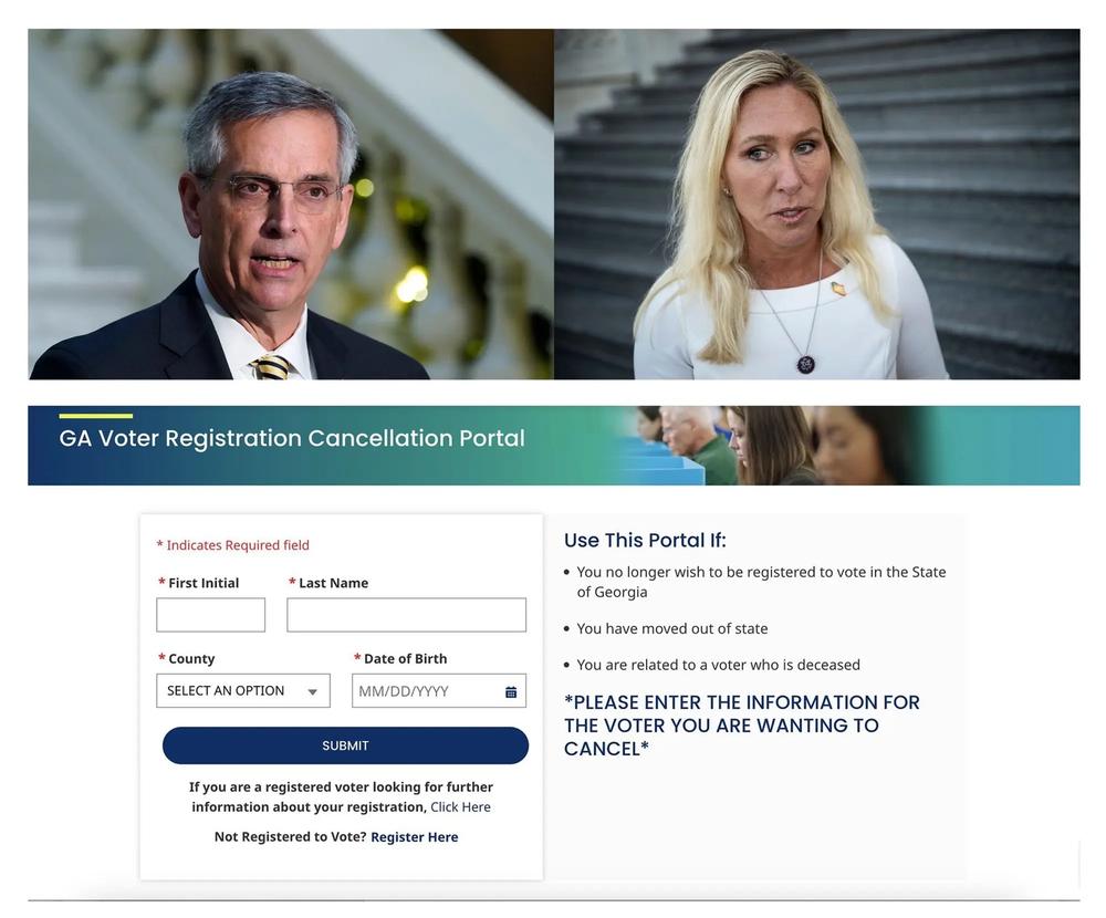 The efforts to cancel the voter registrations of Georgia Secretary of State Brad Raffensperger and Rep. Marjorie Taylor Greene, R-Ga., via the state’s new online portal were unsuccessful. Credit: Associated Press and Georgia.gov