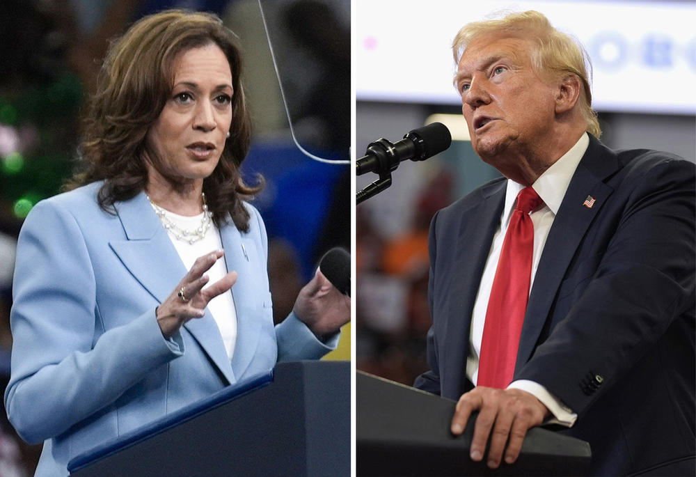 This combination of photos taken at campaign rallies in Atlanta shows Vice President Kamala Harris on July 30, 2024, left, and Republican presidential candidate former President Donald Trump on Aug. 3.