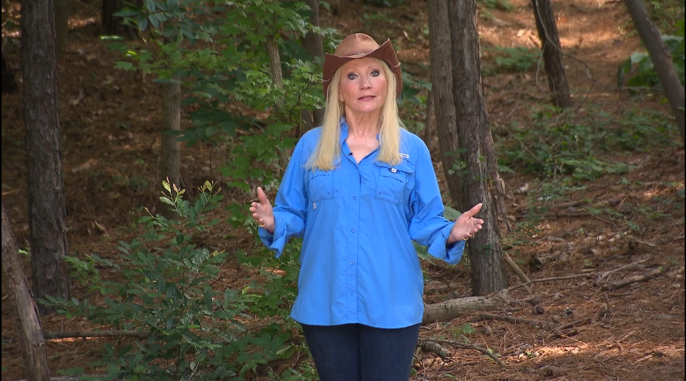 A woman standing in a forest.