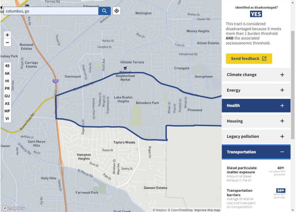 Shirley Winston Park is within a census tract that is considered disadvantaged as it has transportation and health burdens per the Climate and Environmental Justice Screening Tool meeting the tree planting eligibility. Screenshot from Council on Environmental Quality