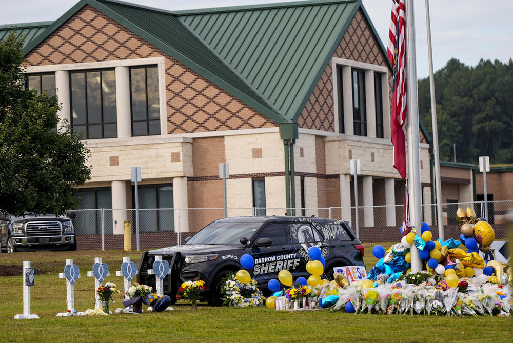 A memorial is seen at Apalachee High School after the Wednesday school shooting, Saturday, Sept. 7, 2024, in Winder, Ga. 