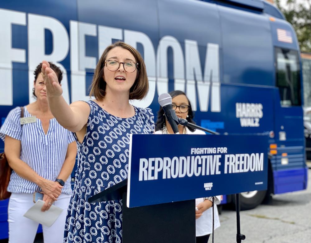 Savannah resident Callie Beale speaks at an abortion rights rally in Savannah held by the presidential campaign of Vice President Kamala Harris on Sept. 5, 2024.