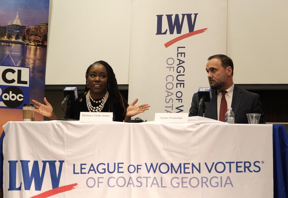 Chatham County District Attorney Shalena Cook Jones speaks during a candidates' forum next to Republican challenger Andre Pretorius at the Coastal Georgia Center in Savannah on Sept. 16, 2024.