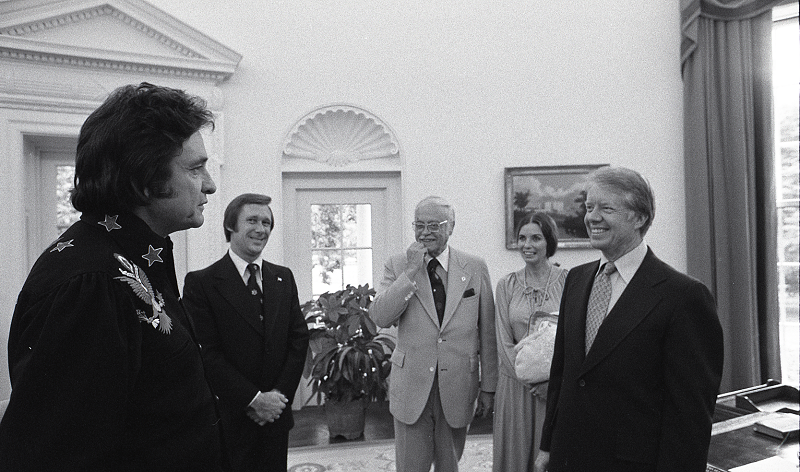 On June 14, 1977, Johnny Cash and June Carter Cash attended the Presidential Reception for the Inaugural Portfolio Artists.  