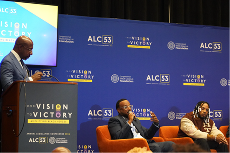 From left to right, Sen. Raphael Warnock, Dr. Roger Mitchell Jr., and Armani White at a Sept. 14 panel discussing the effects of gun violence on Black youth at the Congressional Black Caucus Foundation’s 53rd Annual Legislative Conference (ALC) in Washington, D.C. Courtesy of Raphael Warnock