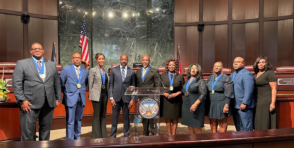 Senator Warnock with leaders and members of the Atlanta Airport Minority Advisory Council. Courtesy Senator Raphael Warnock