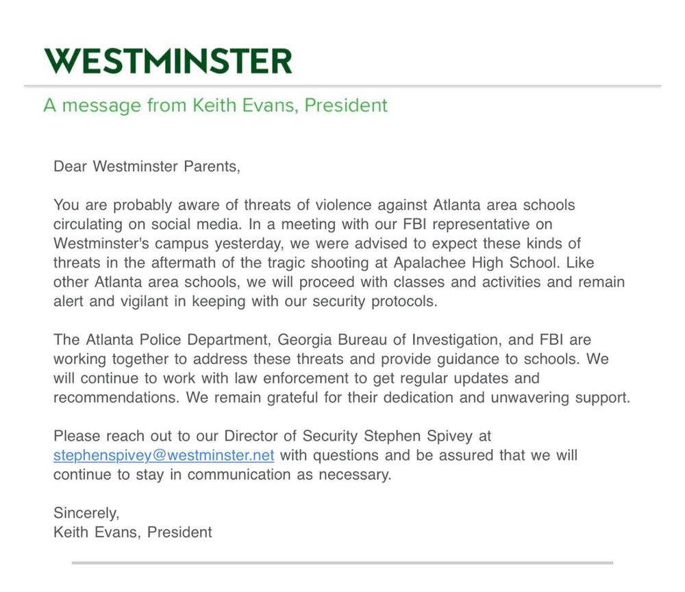 The alert to sent to parents at Westminster. (Provided)