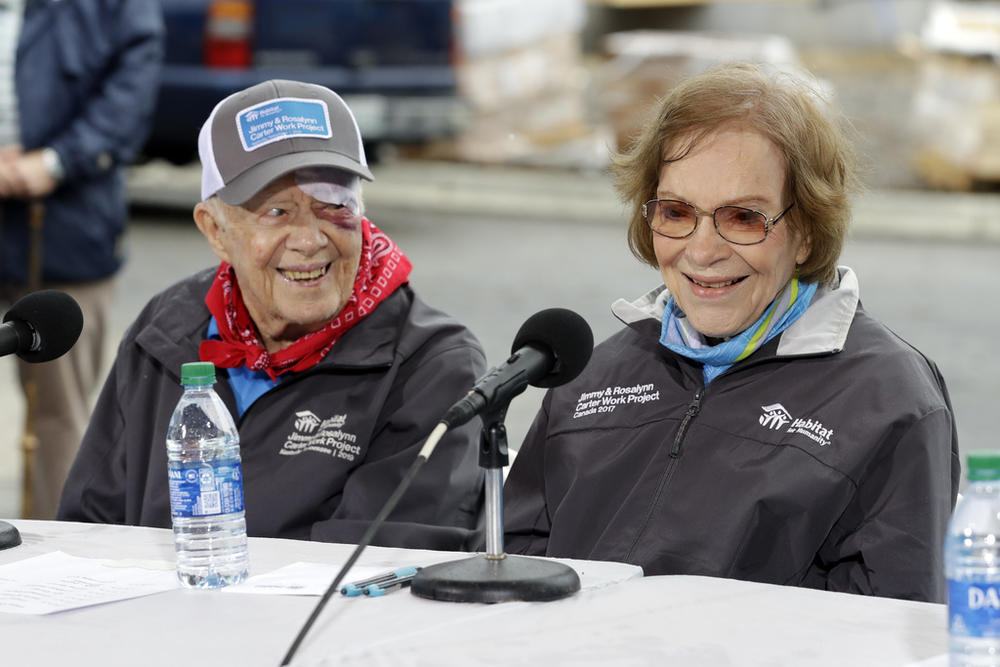 Former President Jimmy Carter and former First Lady Rosalynn Carter answer questions during a news conference at a Habitat for Humanity project Monday, Oct. 7, 2019, in Nashville, Tenn. 