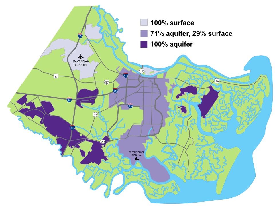 The map shows the source of water delivered by the city of Savannah in Chatham County. Adapted from Savannah Water Resources Credit: Maggie Lee/The CurrentGA