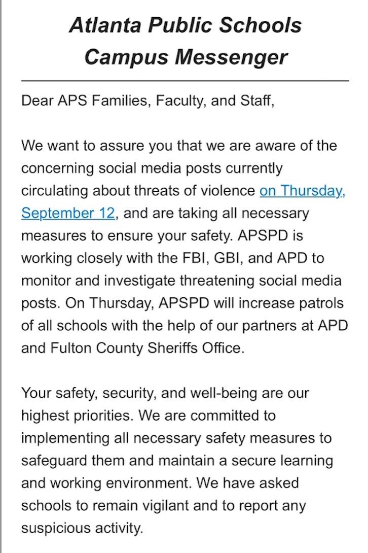 The alert sent by Atlanta Public Schools to parents and staff. (Provided)