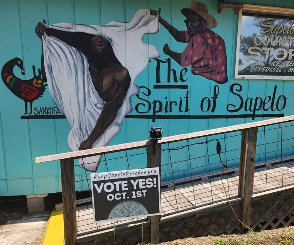 A yard sign in front of the Graball Country Store in Hogg Hummock encourages McIntosh voters to vote yes and repeal rezoning on Sapelo Island. Credit: Jazz Watts/SICARS