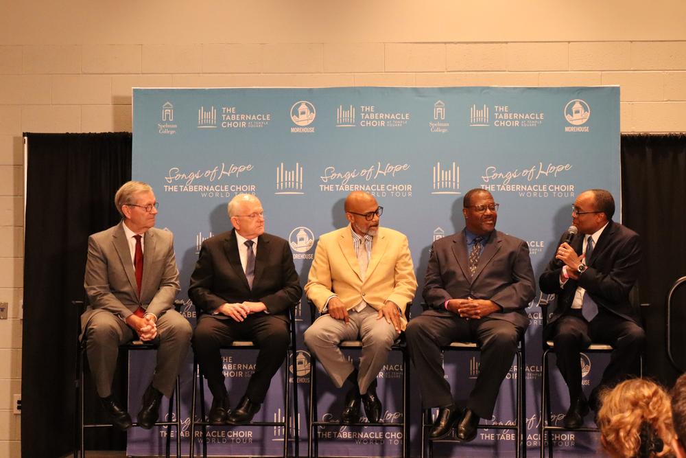 From left to right, Michael O. Leavitt, Tabernacle Choir President; Mack Wilberg, Tabernacle Choir Music Director; Dr. Kevin Johnson, Spelman College Glee Club director; Dr. David Morrow, Morehouse College Glee Club director; and Elder Ahmad S. Corbitt of the Church of Jesus Christ of Latter-day Saints gathered for a press conference at State Farm Arena on Tuesday, September 10, 2024 ahead of the free Wednesday night concert. Ambria Burton/GPB News