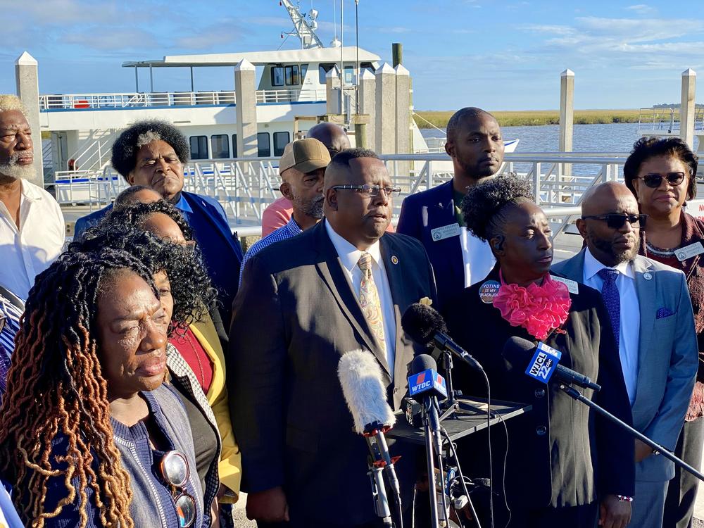 Georgia Rep. Carl Gilliard speaks at a news conference hosted by the Georgia Legislative Black Caucus on Monday evening at the McIntosh County mainland dock near Sapelo Island.