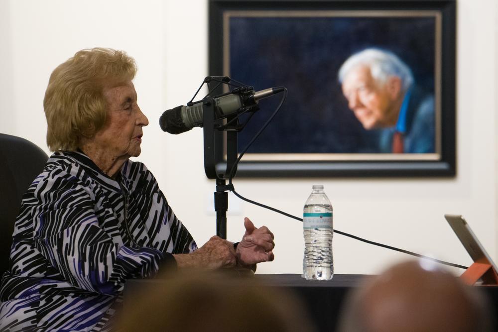 Dot Padgett, a leading member of the Peanut Brigade, speaks with GPB's Peter Biello at the Jimmy Carter Presidential Library and Museum on October 1, 2024.