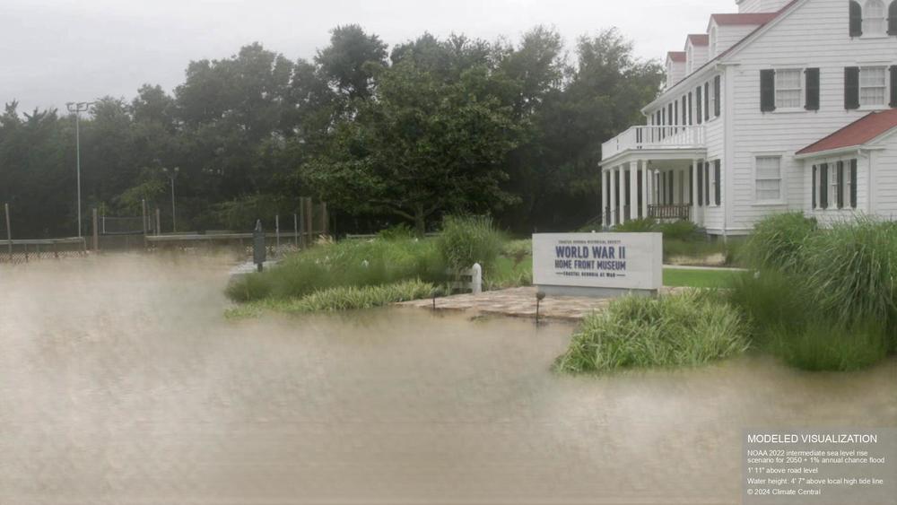 A FloodVision rendering of a 1% annual chance flood in 2050 at the World War II Home Front Museum on St. Simons Island.