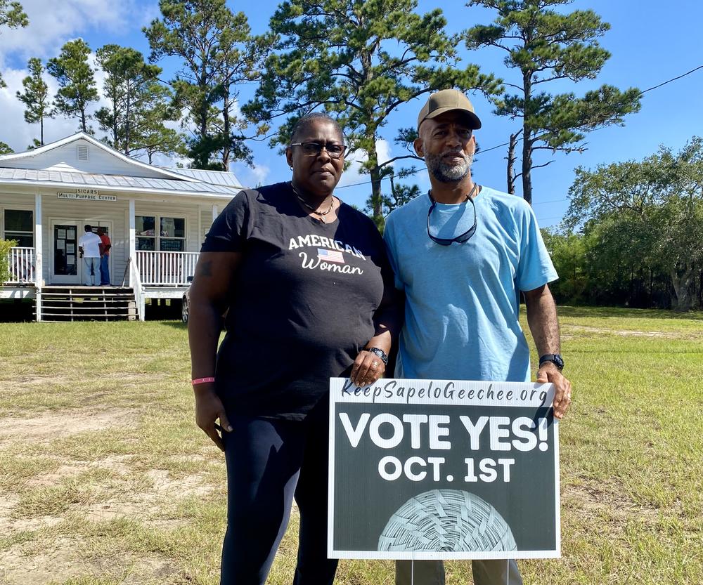 Georgetta Grovner and Reginald Hall outside the Sapelo Island Cultural and Revitalization Society.