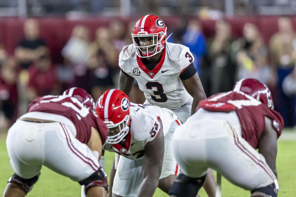 Georgia linebacker CJ Allen (3) sets up for a play against Alabama during the second half of an NCAA college football game, Saturday, Sept. 28, 2024, in Tuscaloosa, Ala. 