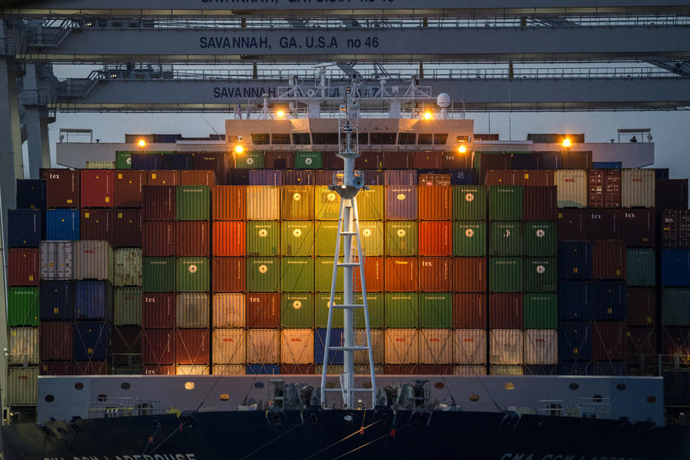 Ship to shore cranes work the container ship CMA CGM Laperouse at the Georgia Ports Authority's Port of Savannah, Sept. 29, 2021, in Savannah, Ga. 