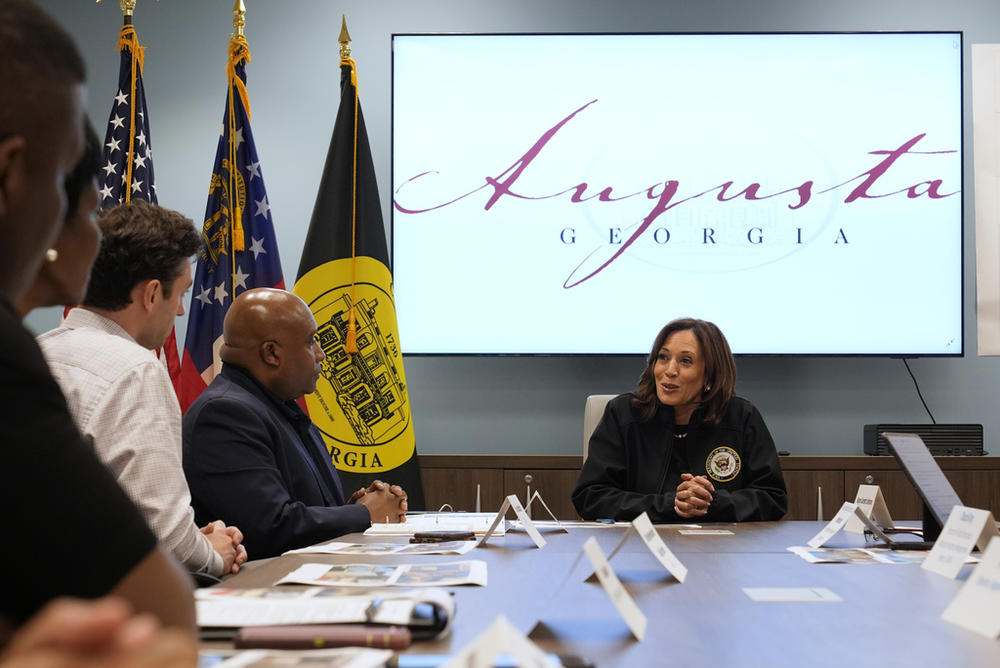 Democratic presidential nominee Vice President Kamala Harris speaks during a briefing at the Augusta Emergency Operations Center as she visits areas impacted by Hurricane Helene, in Augusta, Ga., Wednesday, Oct. 2, 2024. 