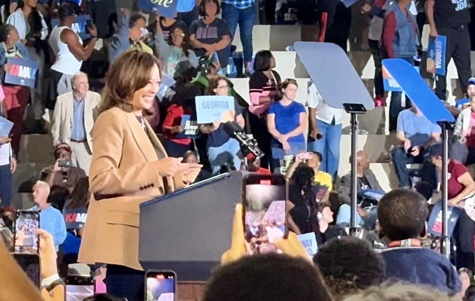 Vice President Kamala Harris speaks during her rally in Clarkston, Ga. on Oct. 24, 2024.