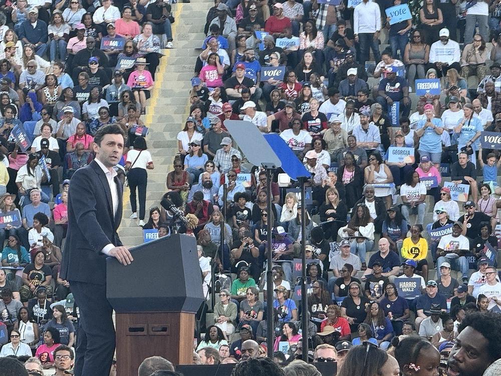 U.S. Sen. Jon Ossoff spoke at the rally for Vice President Kamala Harris in Clarkston, Ga. on Oct. 24, 2024.