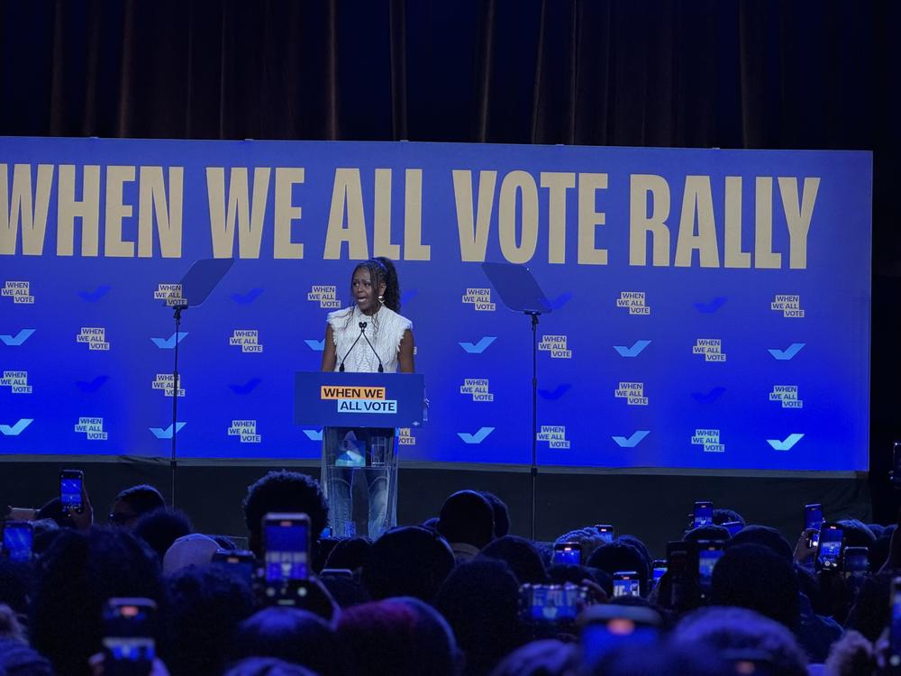 Michelle Obama at the When We All Vote Rally in College Park on October 29, 2024. Sarah Kallis/GPB News