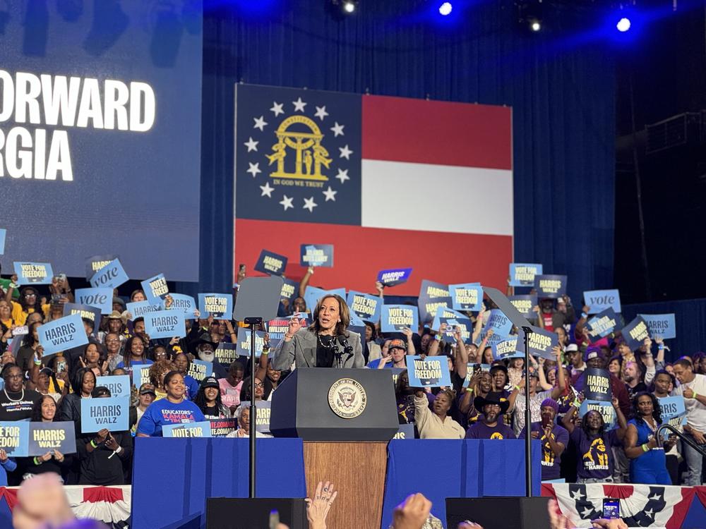 Vice President Kamala Harris addressed an enthusiastic crowd of supporters in Atlanta on Saturday evening, Oct. 19, 2024.