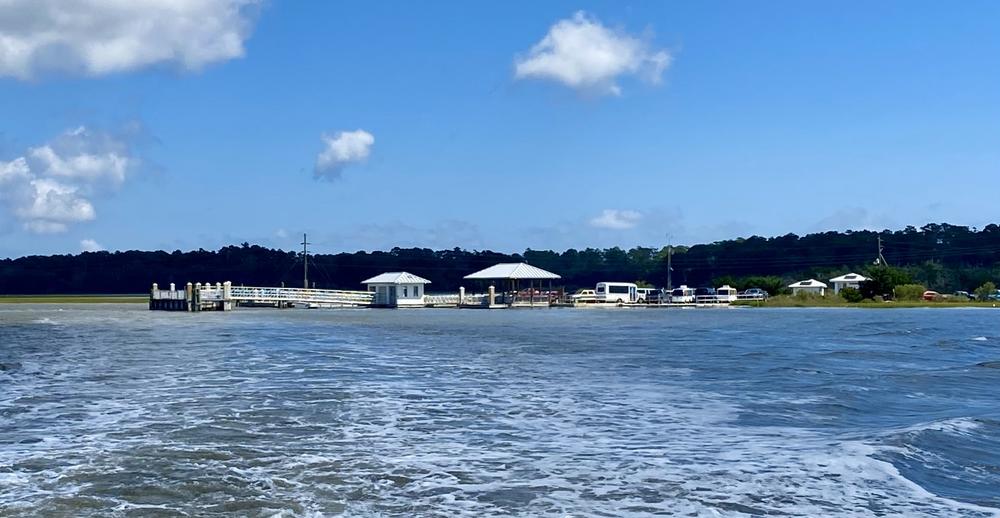 The Sapelo Island dock as seen on Sept. 21, 2024, aboard a ferry departing the island.