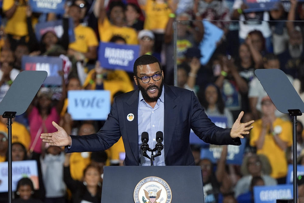 Tyler Perry speaks during a campaign rally supporting Democratic presidential nominee Vice President Kamala Harris on Thursday, Oct. 24, 2024, in Clarkston, Ga.