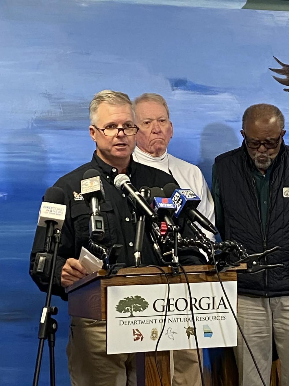 DNR Commissioner Walter Rabon speaks at a press conference at the Sapelo Island Visitor Center on Sunday, Oct. 20, 2024. He addressed the media following a ferry ramp collapse that killed 7. Credit: Susan Catron/The Current GA